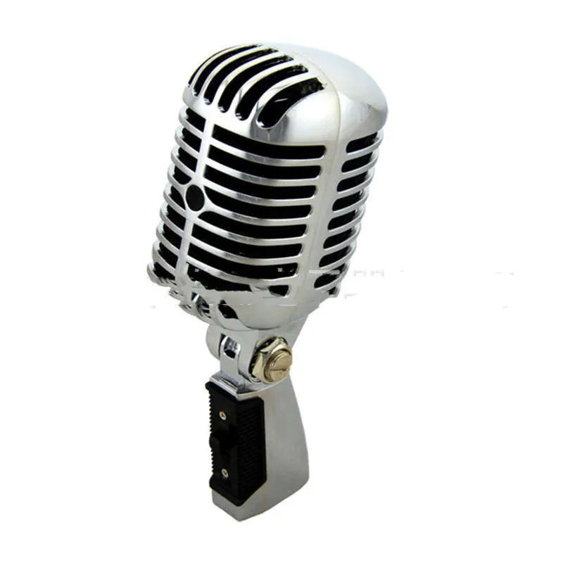 All-metal retro dynamic microphone in silver finish with measurements 185mm height by 80mm diameter