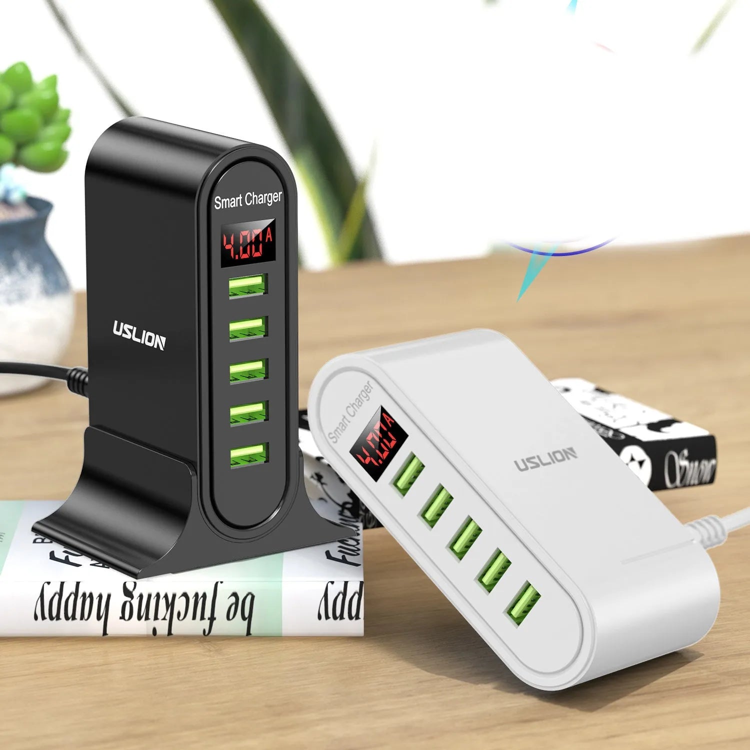 Smart LED digital display USB charger showing voltage readout with EU UK US plug options