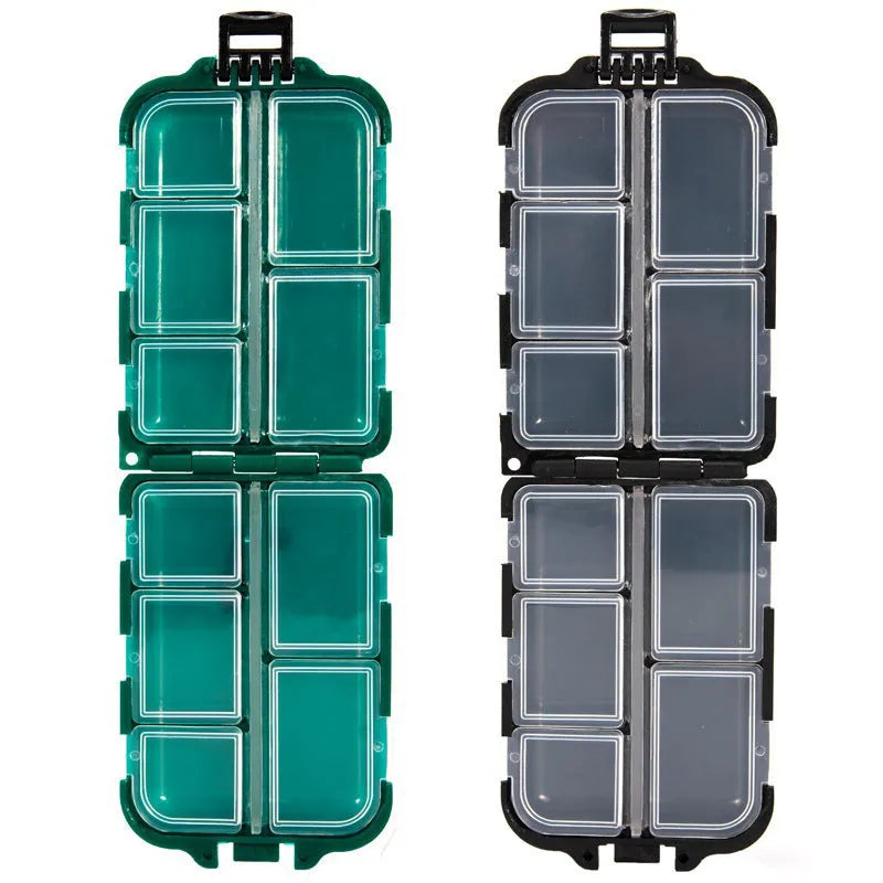 Fishing tackle storage box with 10 compartments in black, green, or blue colour options