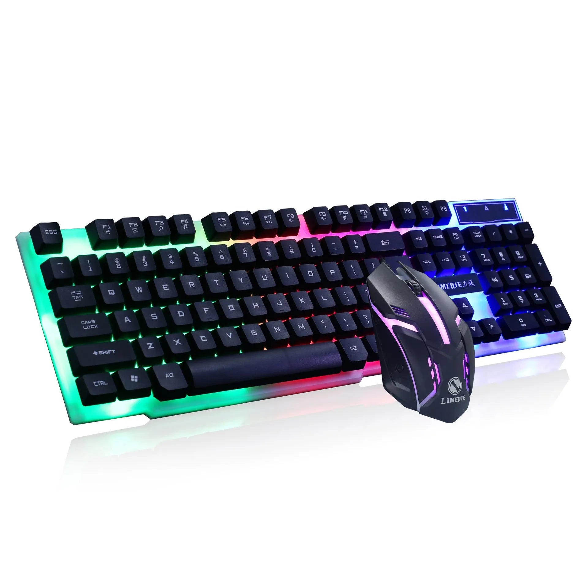 Limei GTX300 white and black wired gaming keyboard and mouse set with backlit keys on a desk