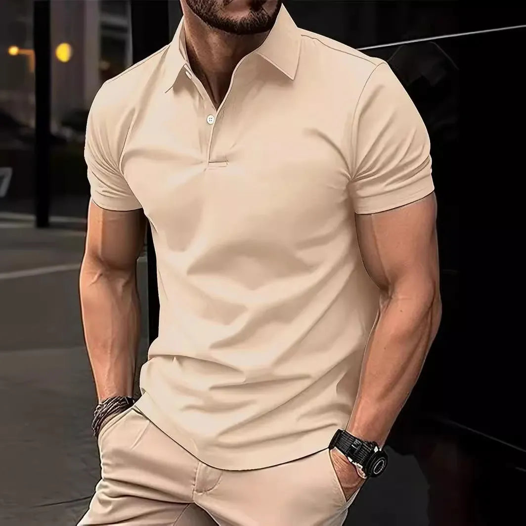 Men's slim fit solid colour short sleeve button-up shirt on a hanger