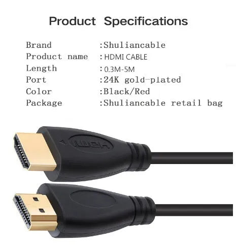 Gold-plated HDMI cable with male connectors for HDTV and gaming systems