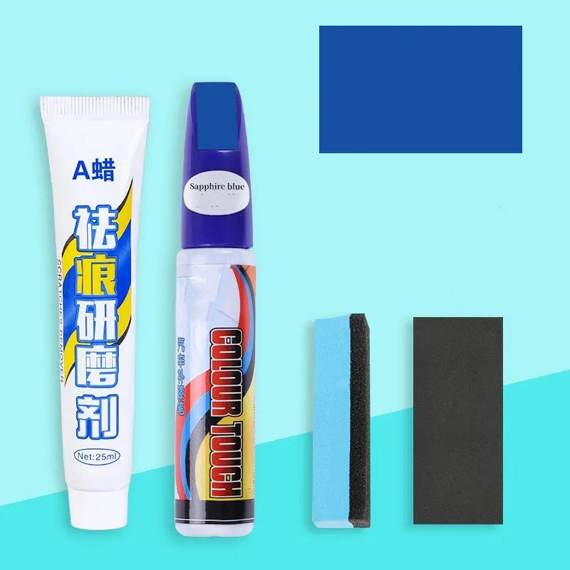 Automotive paint repair pen kit with touch-up paint, scratch wax, sponge and sandpaper
