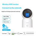 Zhou Shi white indoor wireless security camera with built-in screen on a screw-fixed wall bracket.
