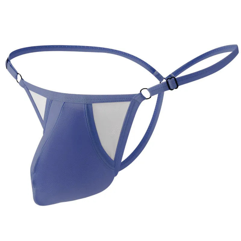 Men's Ice Silk nylon T-back briefs with thin straps and adjustable low-rise waistband.