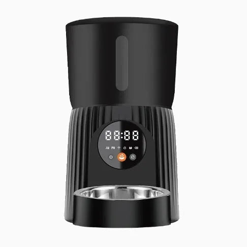 Black automatic pet feeder with digital display and food container for dogs and cats