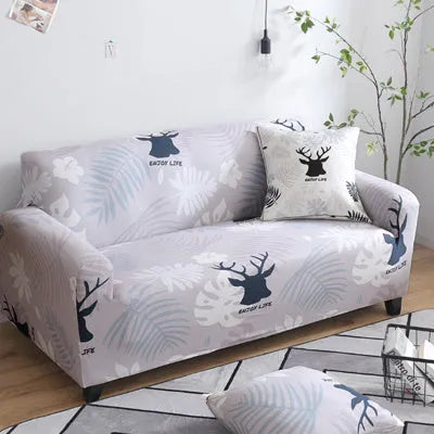 Geometric print polyester sofa slipcover stretched over sofa with matching pillowcase