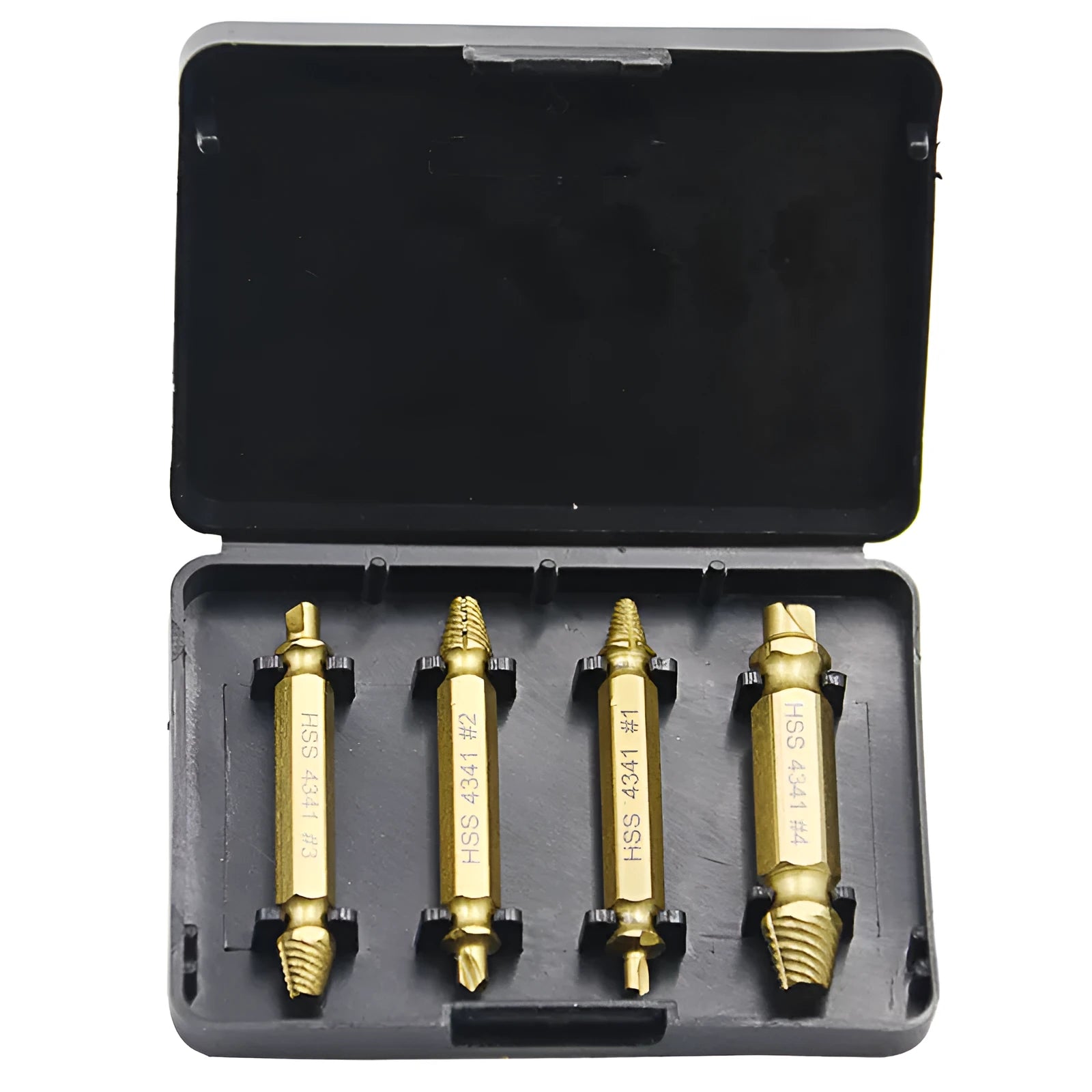 4341 high-speed steel screw extractor set with 5 pieces in 3 sizes for damaged screw removal