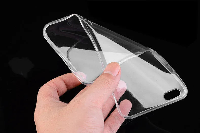 Transparent TPU phone case for iPhone showing clear back and side cutouts