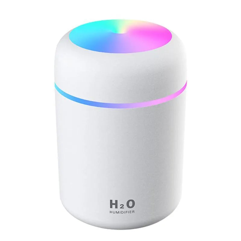 Pink USB portable humidifier with 300ml water tank on wooden desk surface
