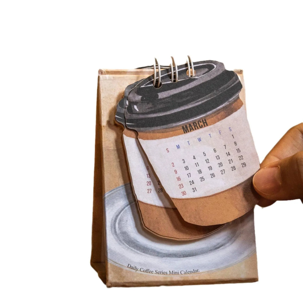 Mini 2025 desk calendar showing Coffee Time design with simple modern style
