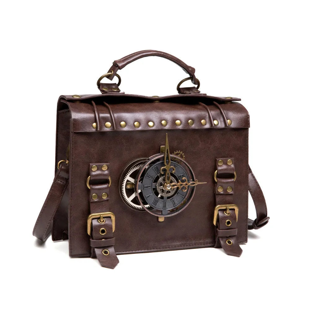 Bronze steampunk industrial retro style square shoulder bag with metal details.