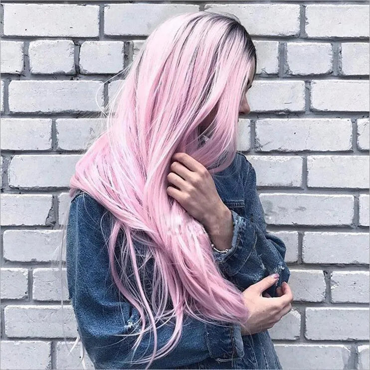Long straight gradient fake hair wig with air bangs, high temperature silk, available in gradient colours