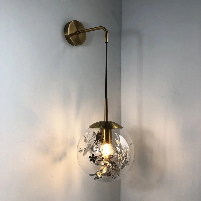 Glass bedside wall lamp in Golden Flower or Silver Flower finish with 15cm or 20cm size options