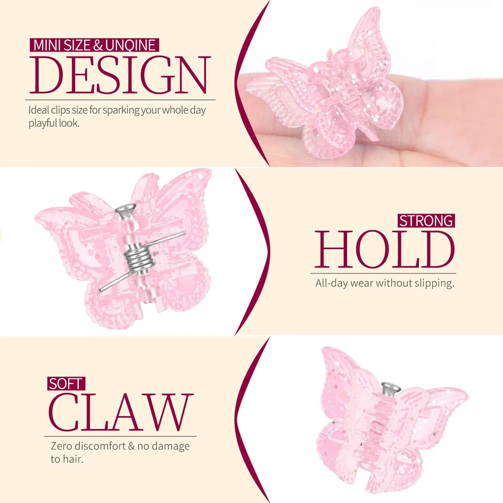 Assortment of 50 small glitter butterfly hair claw clips in multiple colours on a white background.