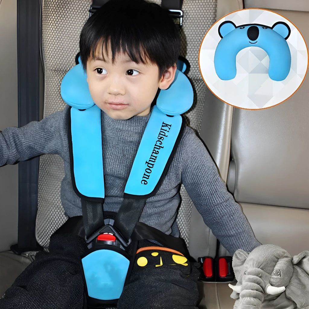 Portable child safety seat belt retainer in polyester fabric for children 12-36kg.