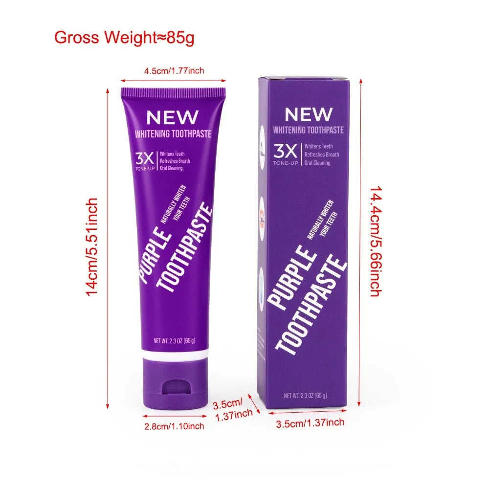 Purple whitening toothpaste tube for adults to remove yellow stains, showing 120g and 65g size options