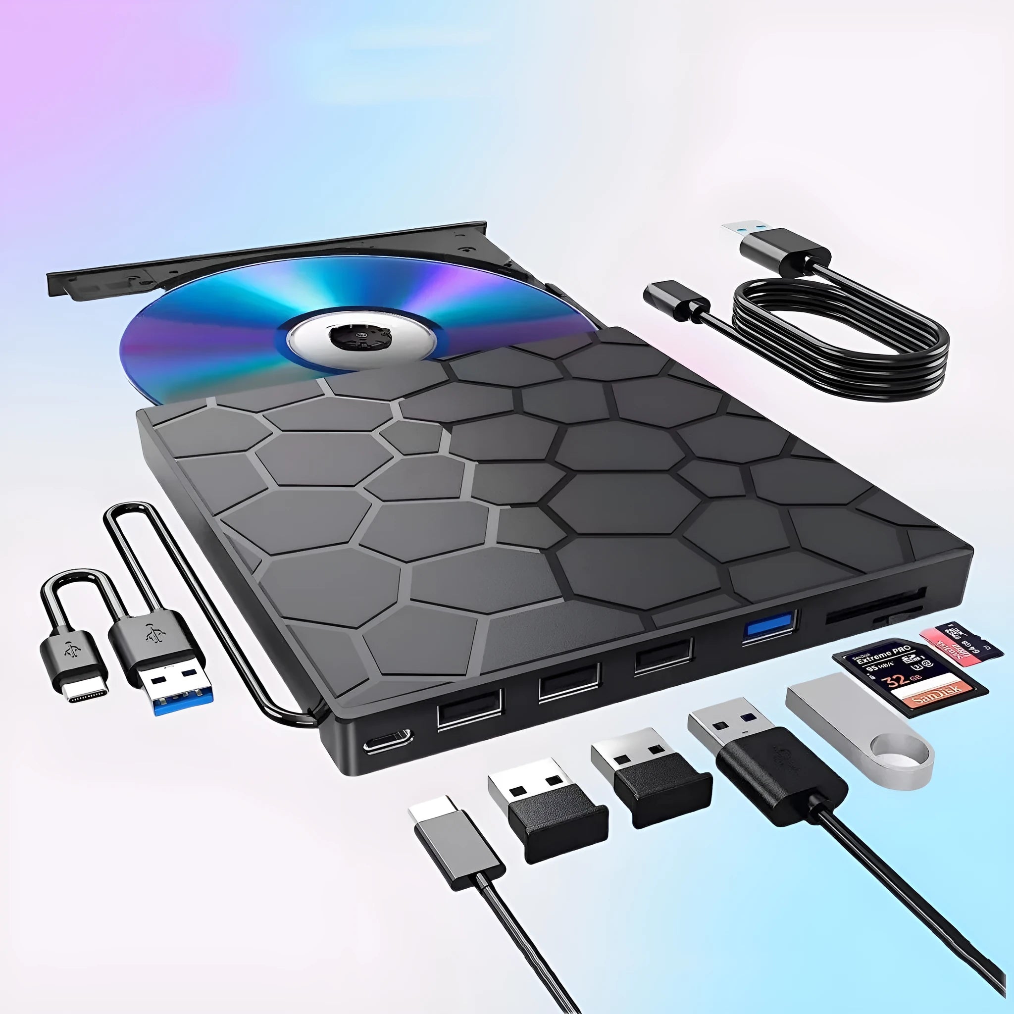 Black external USB CD/DVD drive writer burner with slim portable design