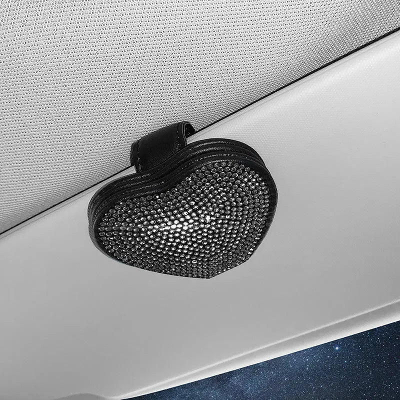 Magnetic leather car sun visor clip with diamond crystals in multiple colour options