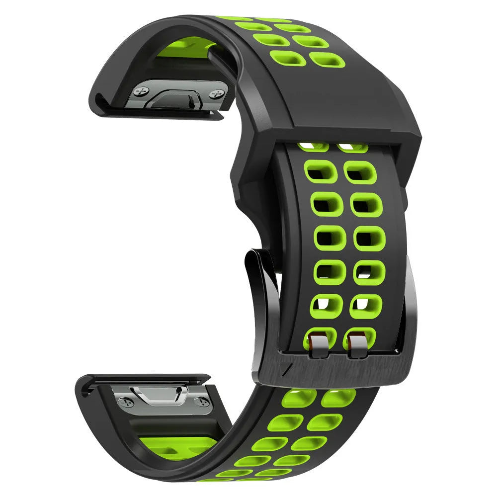 Two-tone quick-release silicone watch strap with pin buckle in black and orange colour