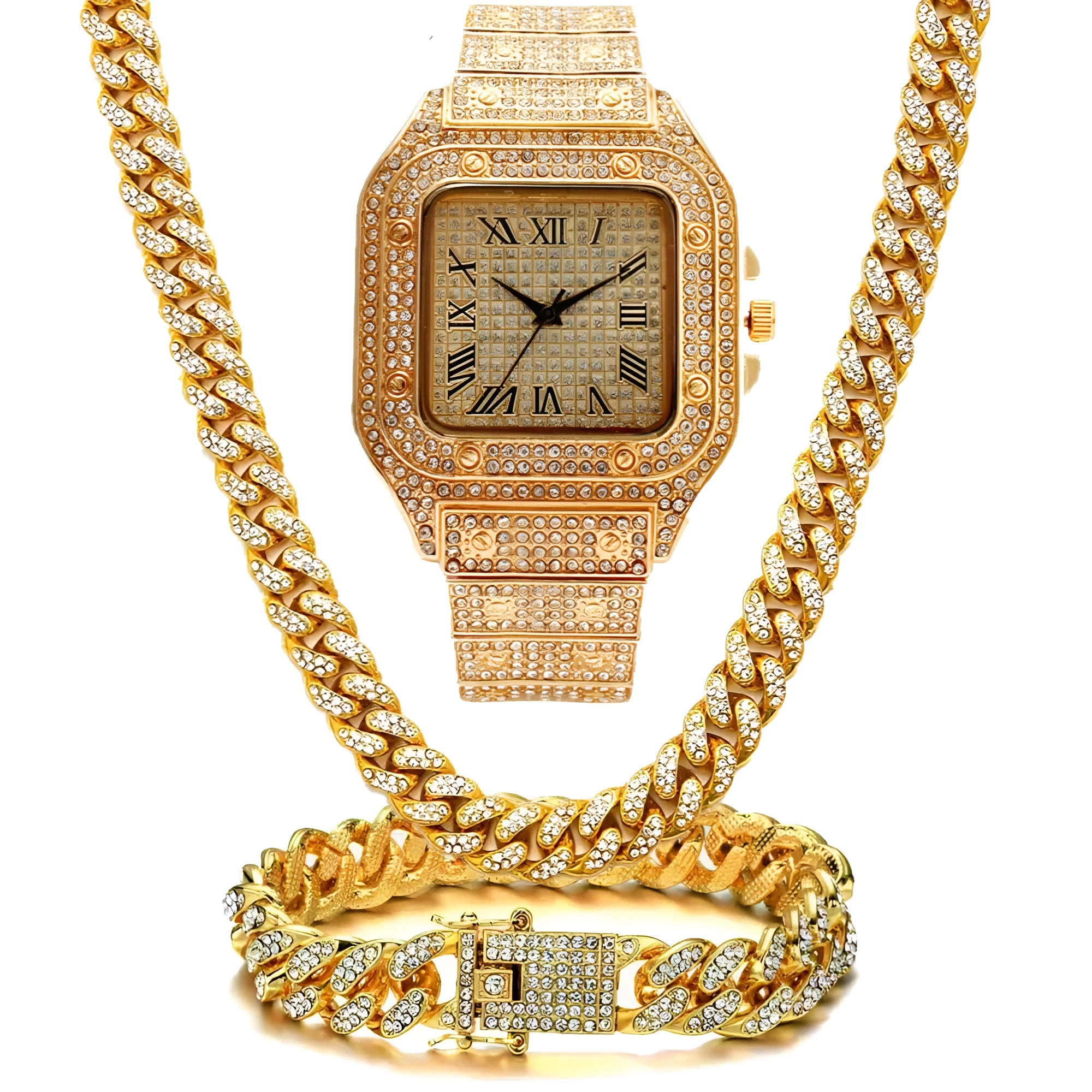 Roman numeral graduation quartz watch set with square dial, diamond studs, black mesh band, bracelet, and necklace