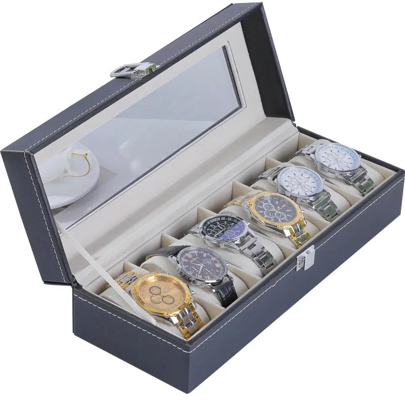Grey high-grade leather watch storage box with see-through lid for dust protection.