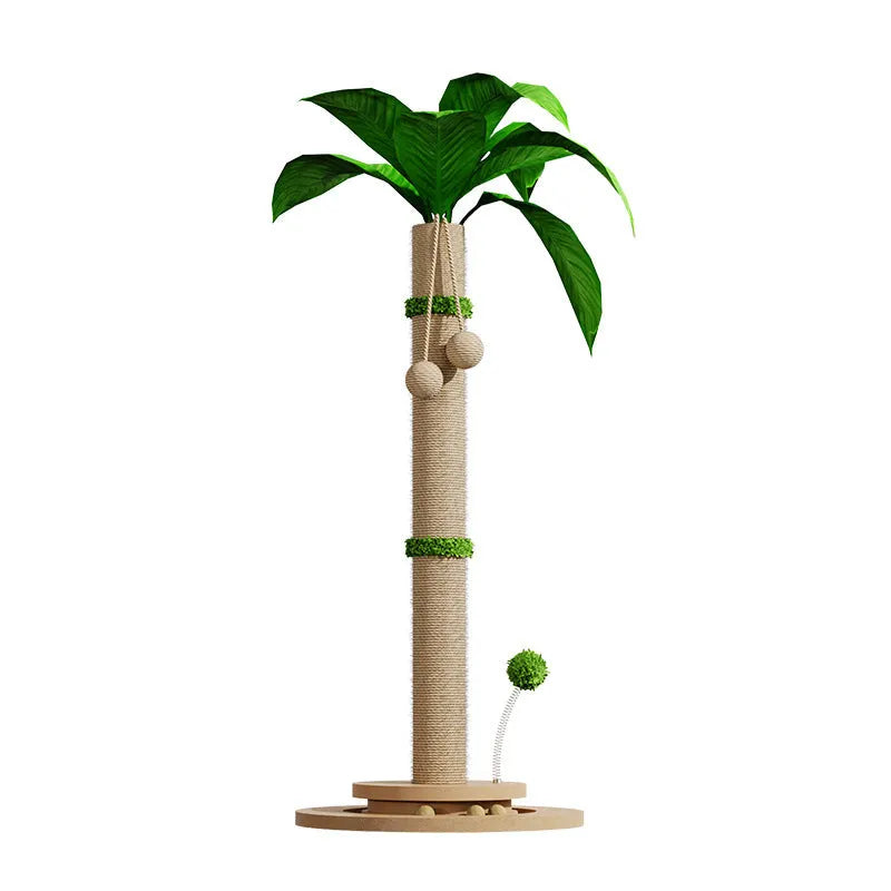 Vertical cat scratching post with hemp rope wound around a canna-coloured column on a solid base.