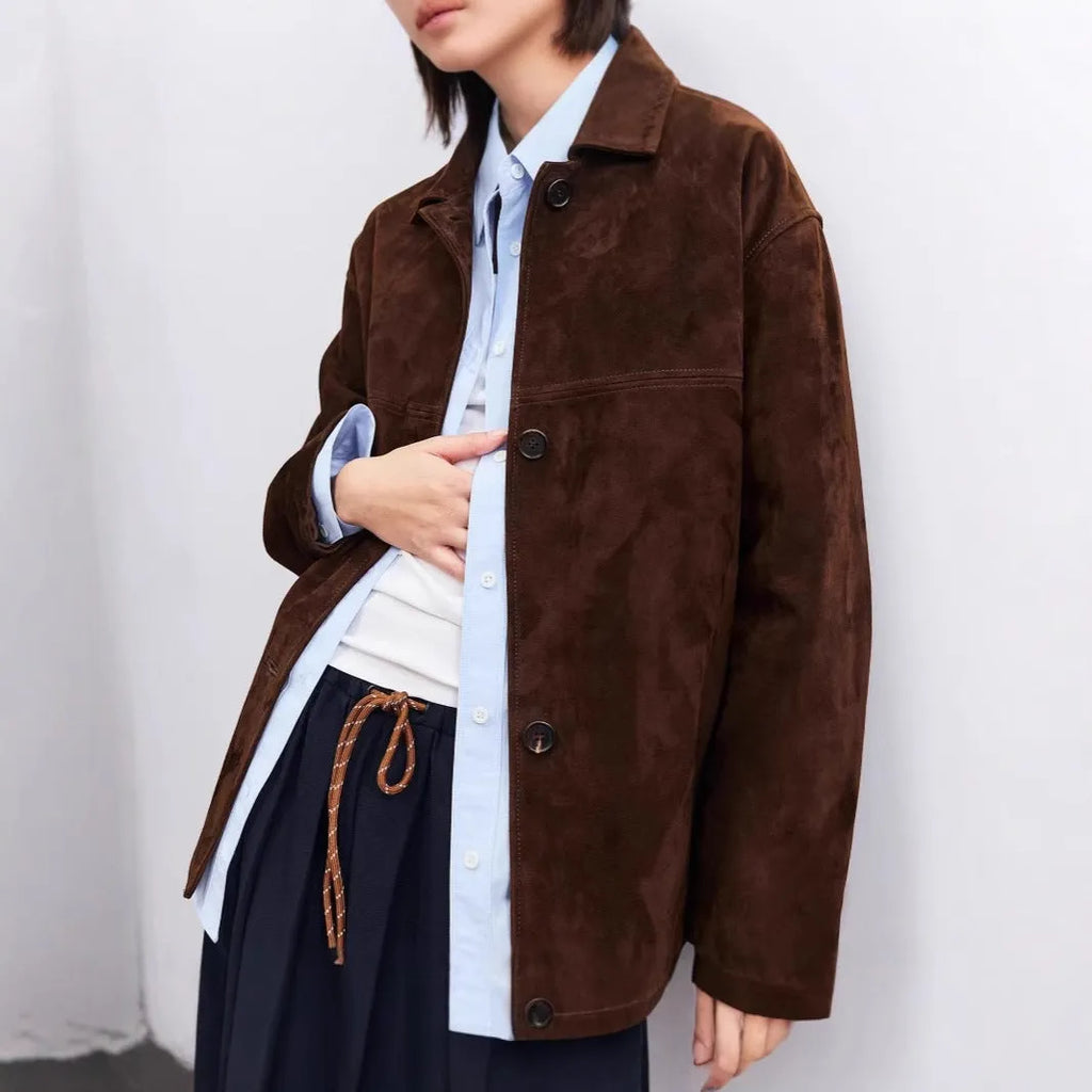 French retro cashmere coat with Peter Pan collar and leather stitching details in Caramel Mocha colour