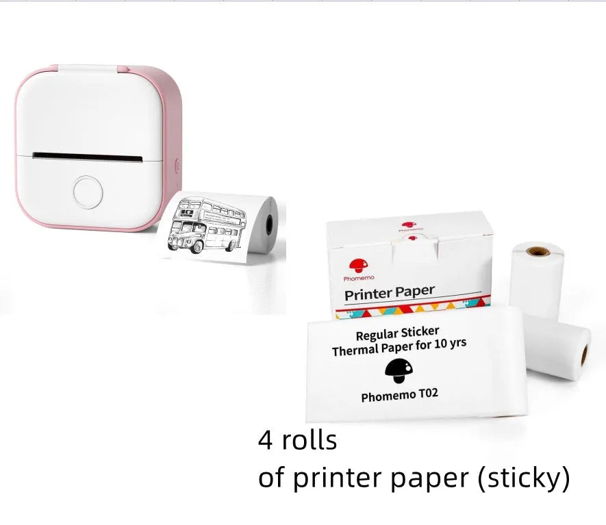 Phomemo T02 mini thermal label printer in white, showing front view with roll of sticky paper