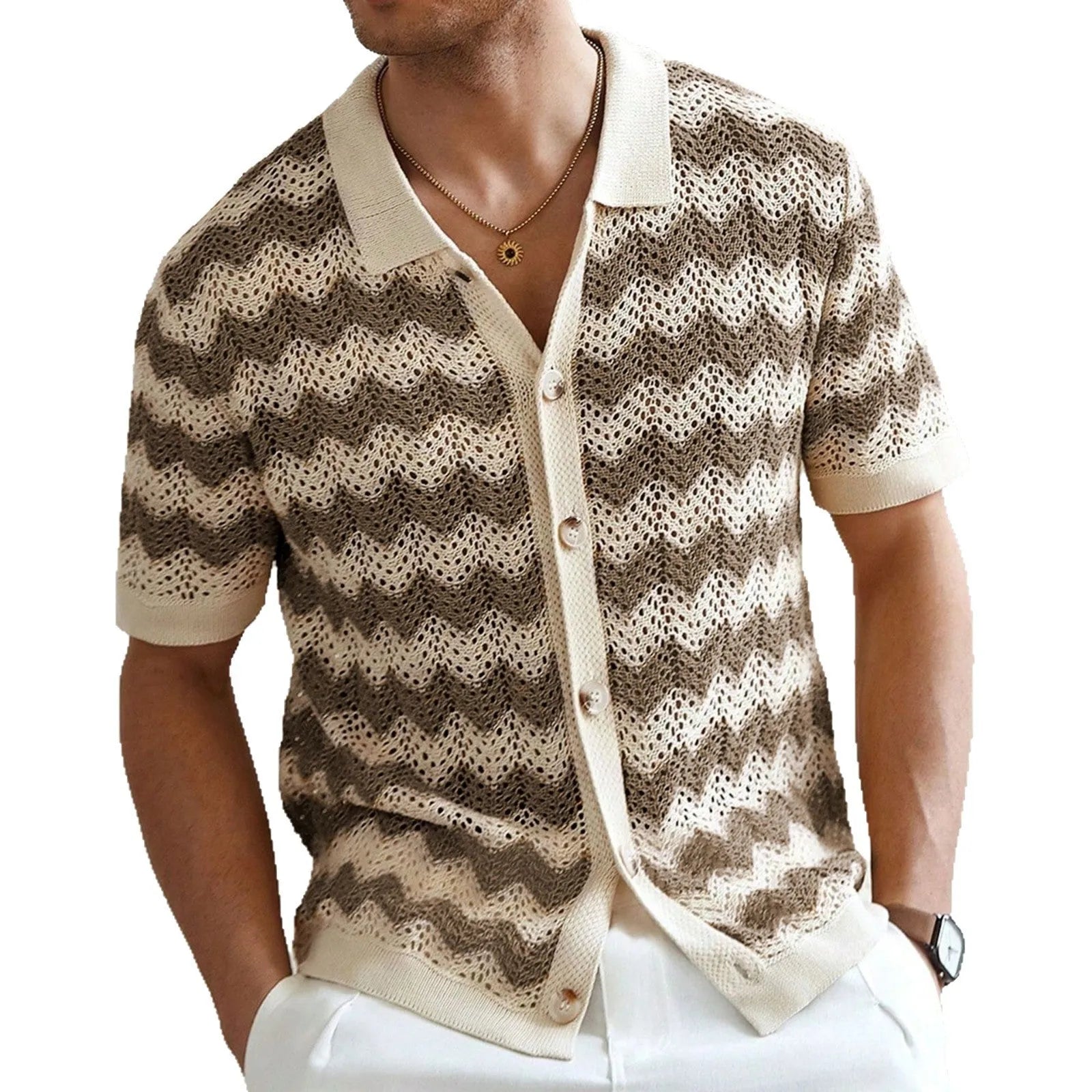 Blue hollow jacquard corrugated short-sleeved sweater with flocking detail