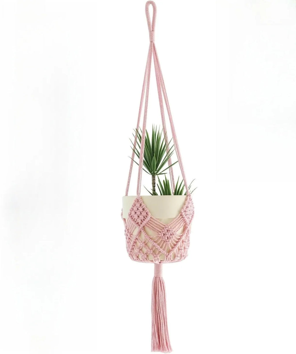 Handwoven brown polyester cotton flower pot net sleeve covering a plant pot.