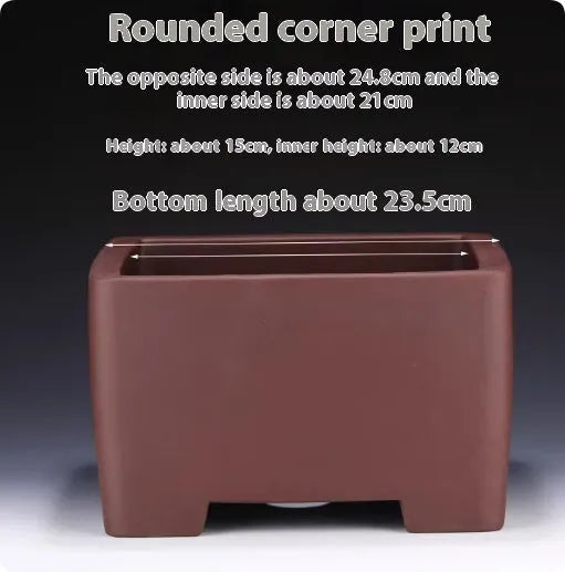 A square purple clay flower pot for succulents or bonsai plants on a tabletop.