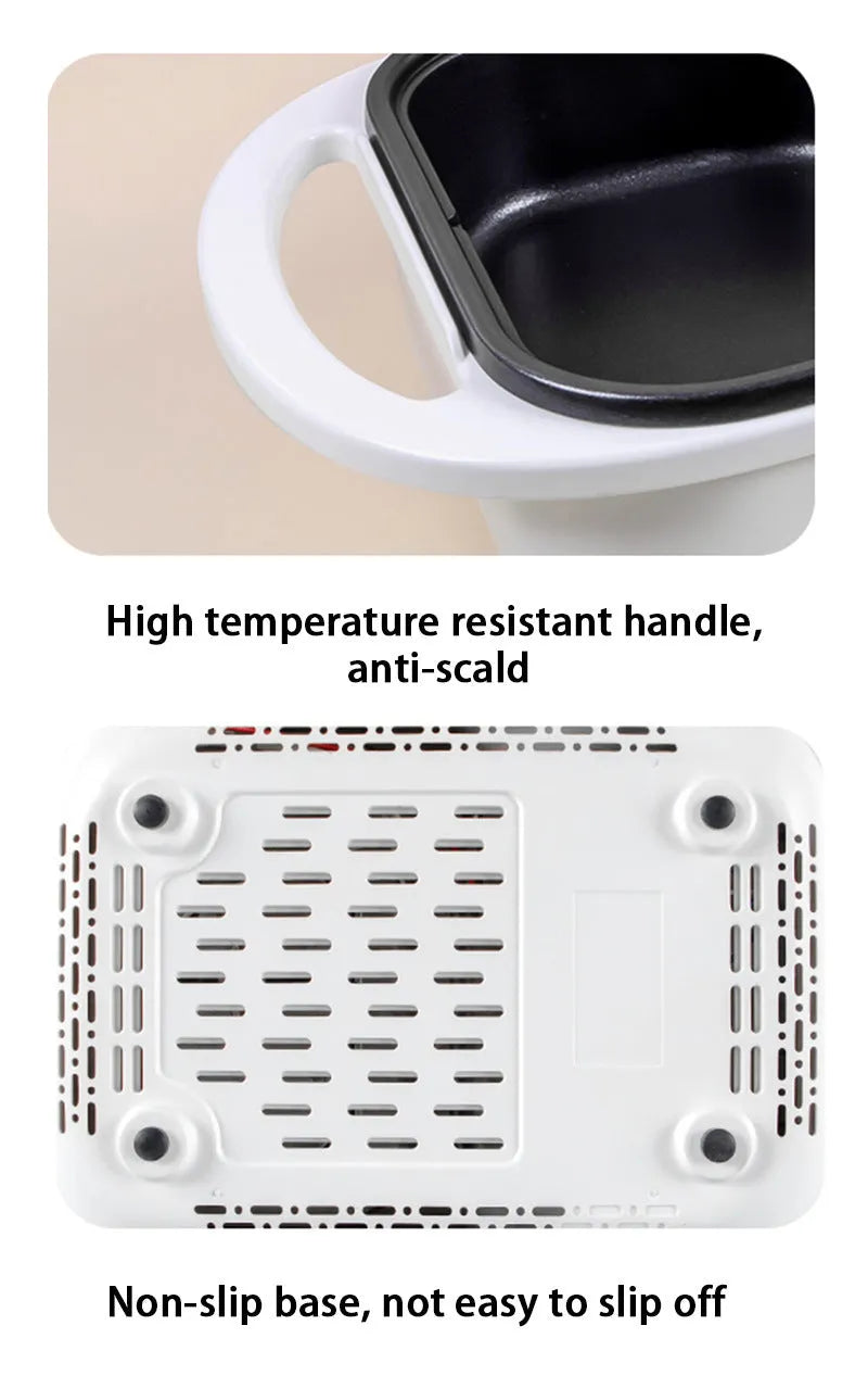 White and green dual-function electric frying oven and hot pot appliance on a kitchen counter.