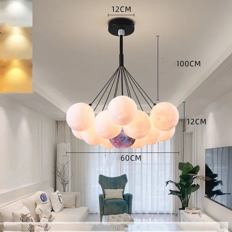 Nordic style bubble moon bedroom chandelier with gold iron body and spherical PMMA lampshades