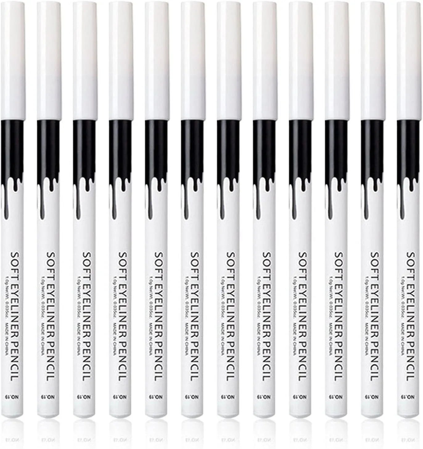 12 white and black retractable eyeliner pencils with a sharpener for waterproof makeup application.