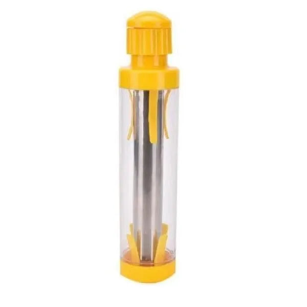 Yellow cylindrical corn stripper tool with ABS plastic and stainless steel construction for threshing corn kernels