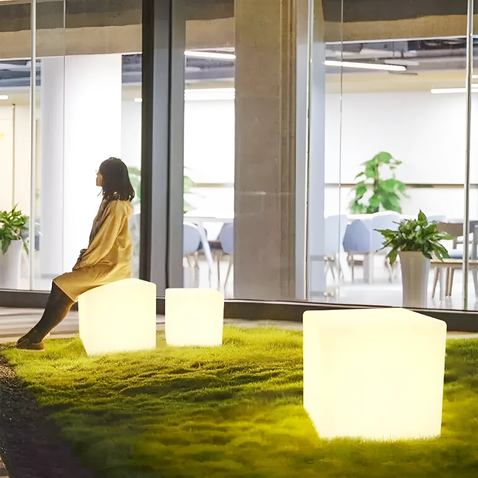 Square LED cube light stool with modern design for outdoor garden or patio use