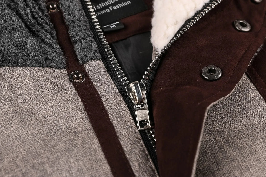 Men's grey cardigan jacket with cotton filling, zip front, loose fit, plain polyester fabric, hit colour design, Asian sizing