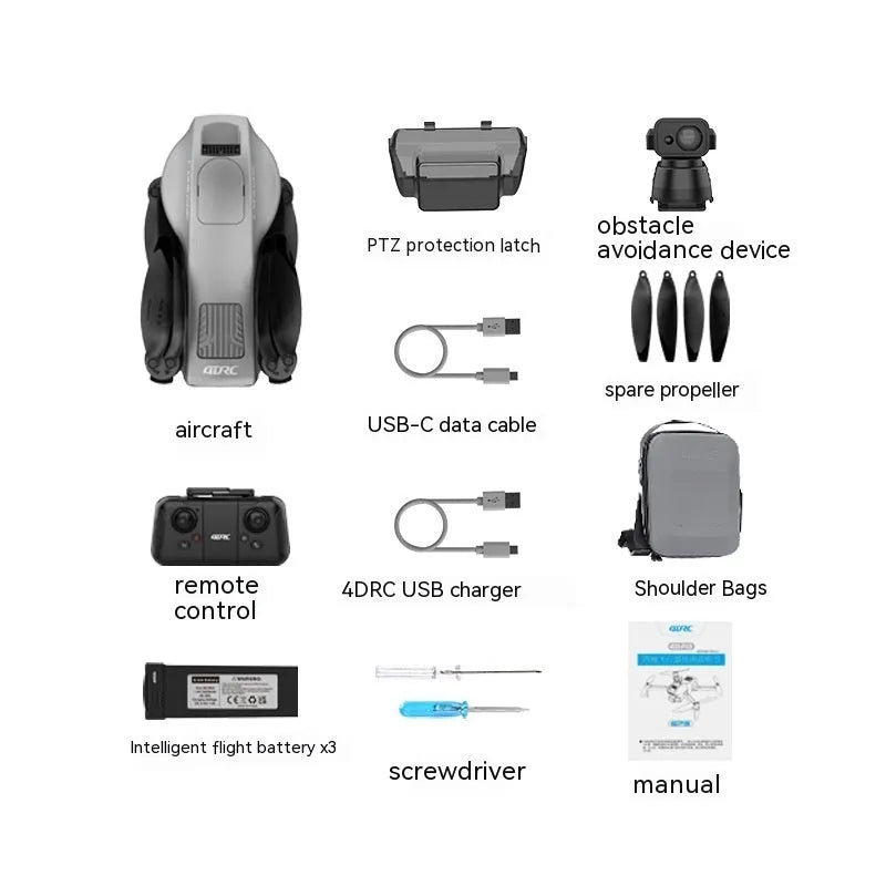 White folding quadcopter drone with camera, remote control, flight batteries, and shoulder bag.