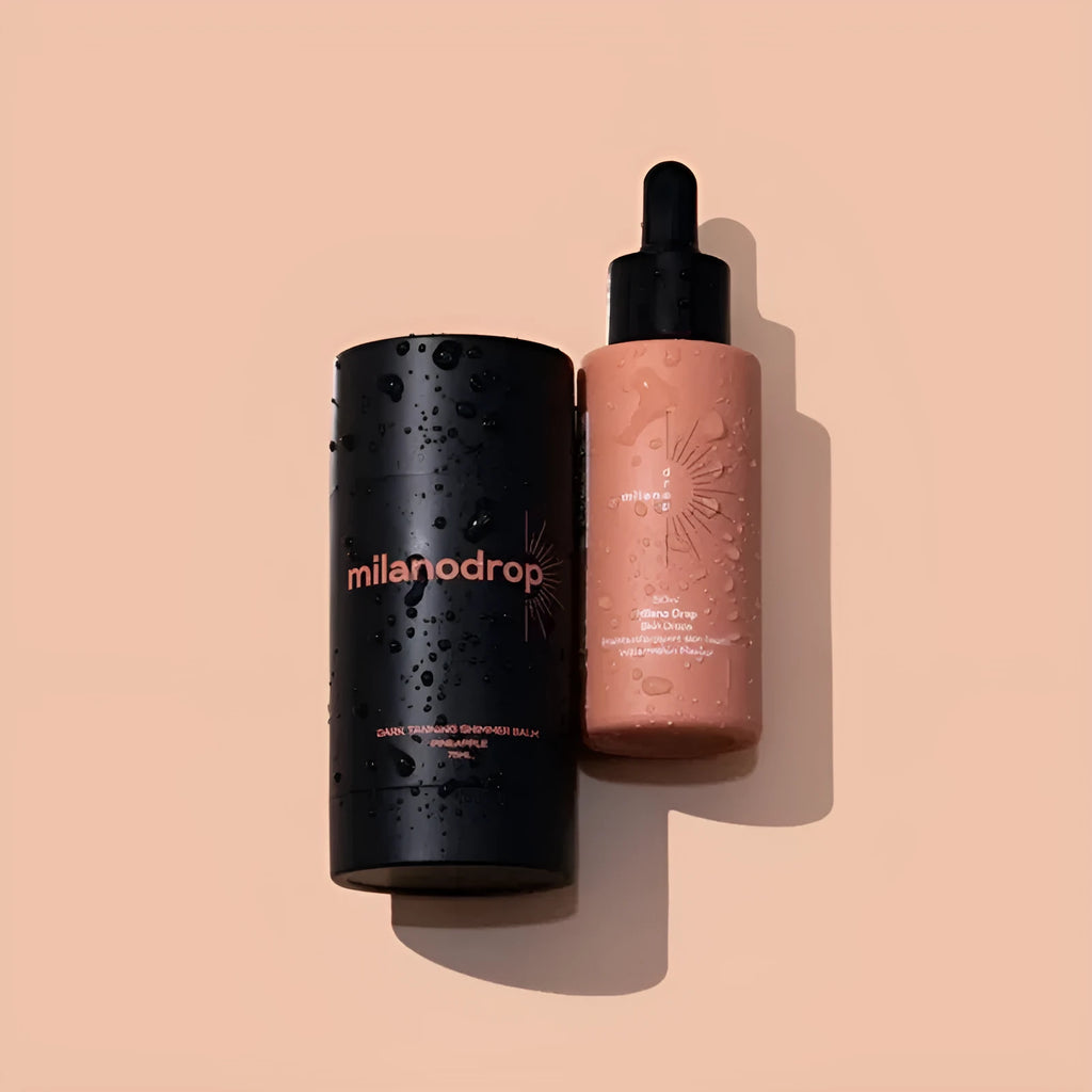 Self-tanning set showing 50ml tanning drops bottle and 75ml tanning glitter cream tube with black essence.