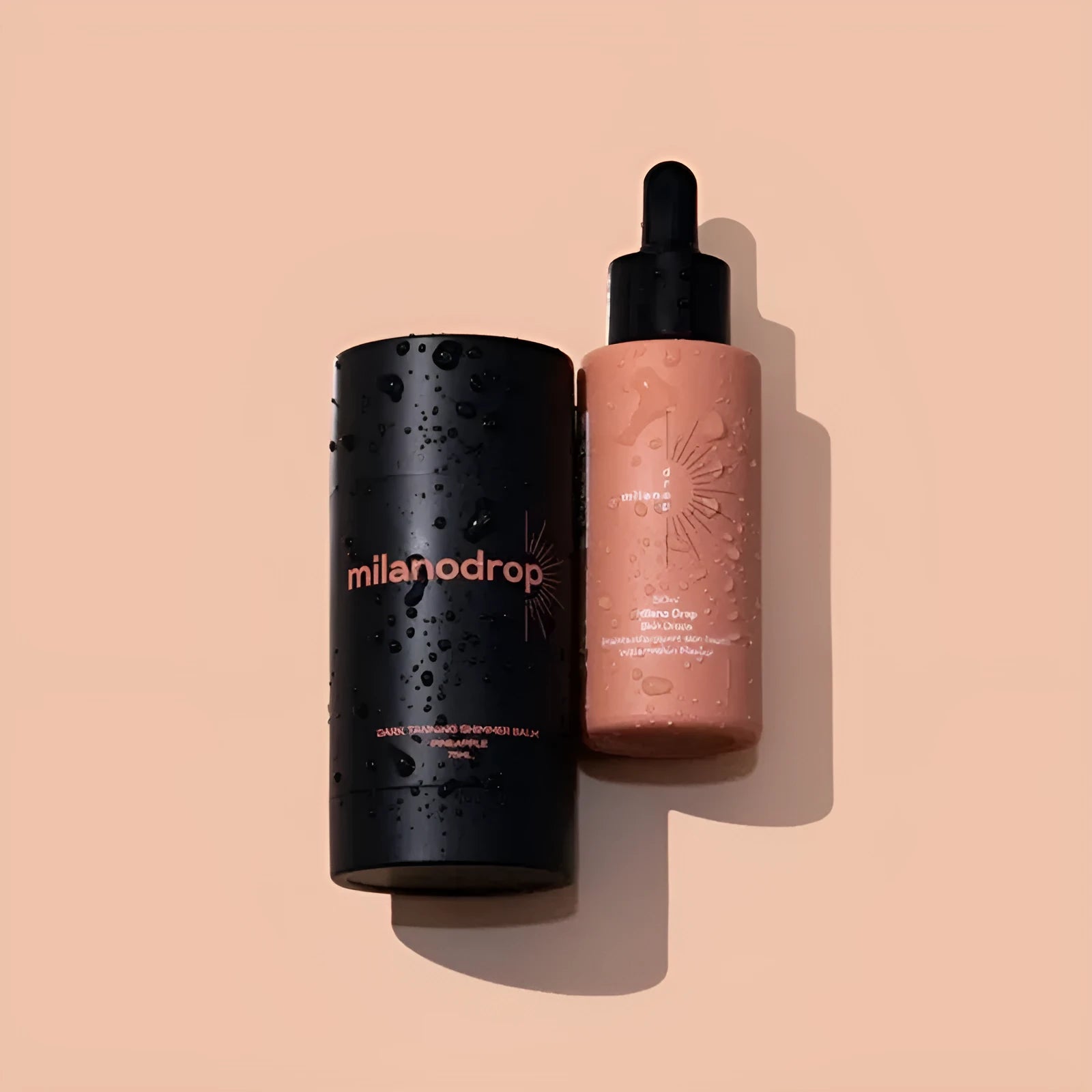 Self-tanning set showing 50ml tanning drops bottle and 75ml tanning glitter cream tube with black essence.