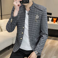 Men's plaid slim fit leisure coat in brown with bag cover seam pockets, shown from front