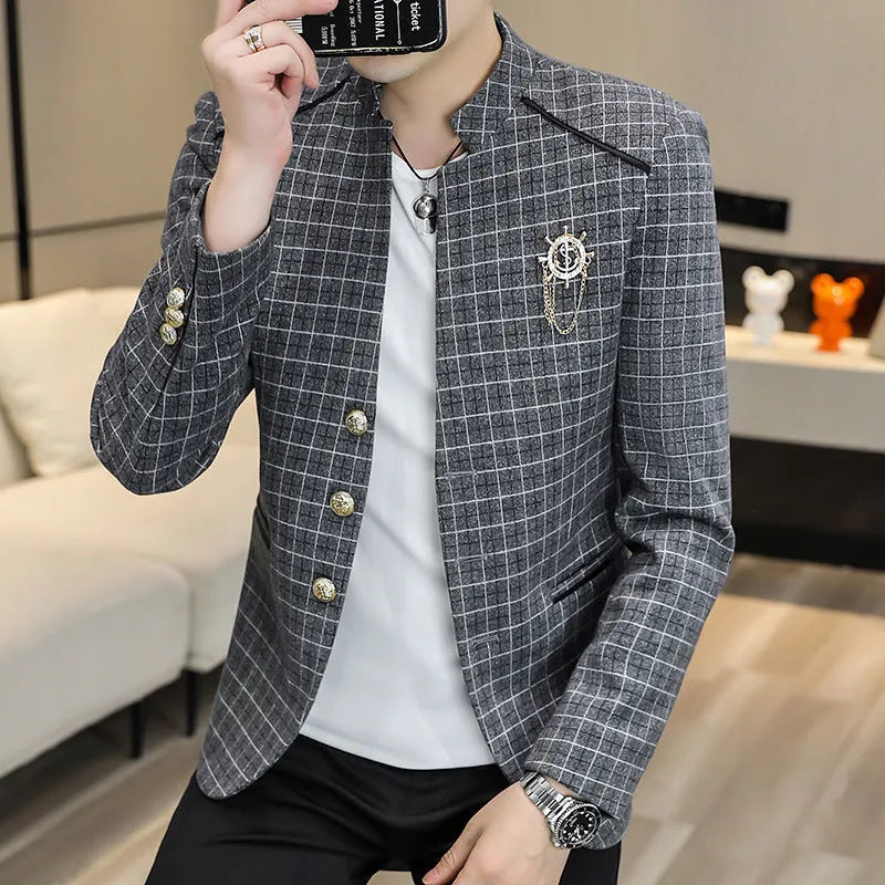 Men's plaid slim fit leisure coat in brown with bag cover seam pockets, shown from front