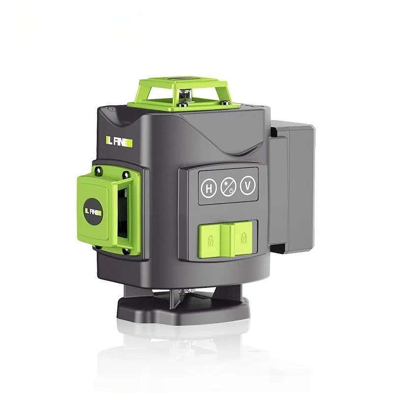 16-line 3D green laser level unit with aluminium and nylon construction showing compact dimensions