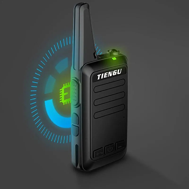 TIENGU wireless handheld radio intercom in black with LED flashlight, USB port, and back clip