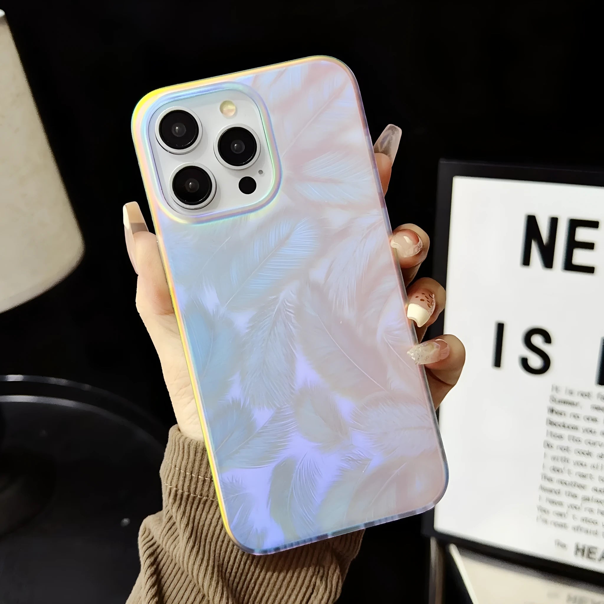 Frosted double-layer drop-resistant protective cover for iPhone 11-16 with colour-changing feather pattern and matte finish