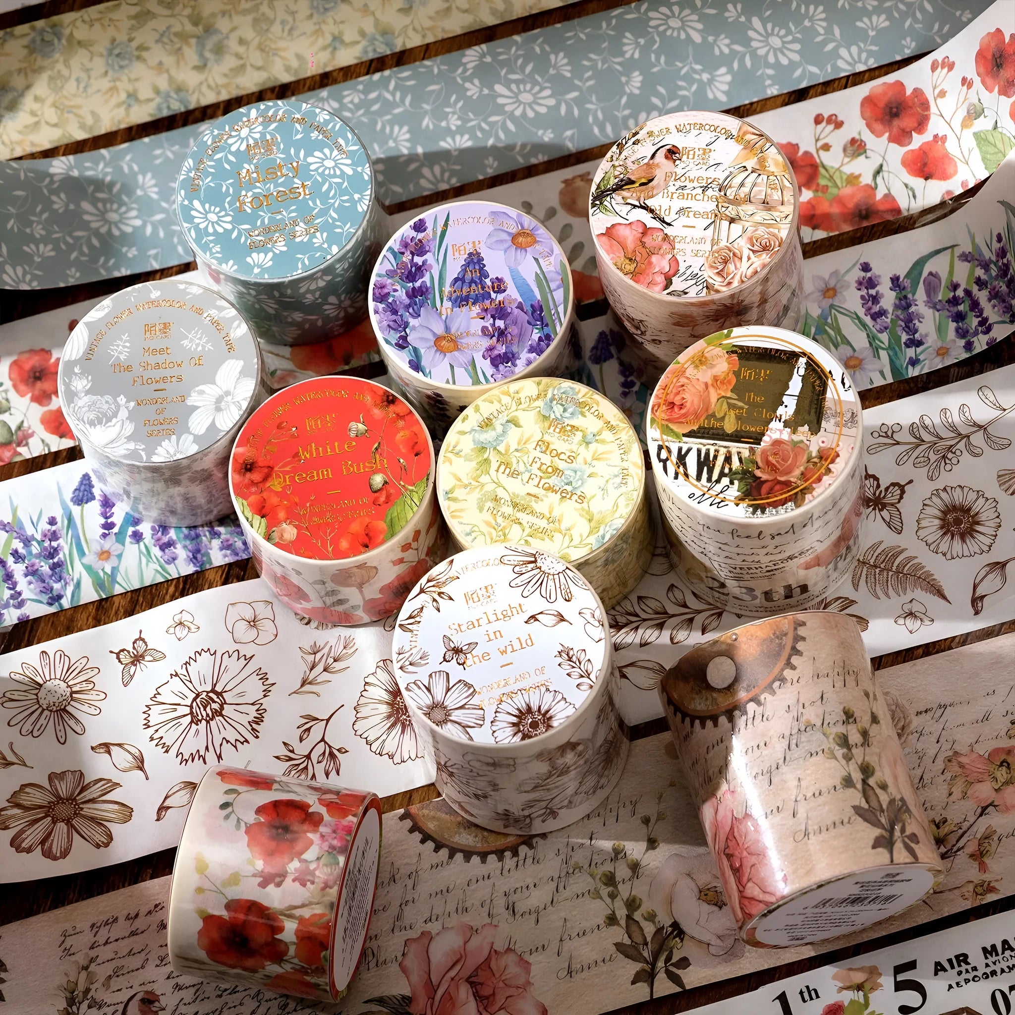 Roll of vintage style floral watercolour decorative tape on a Japanese paper base.