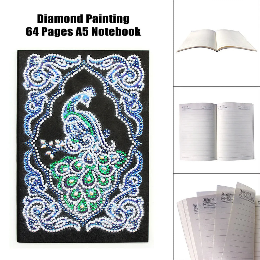 A5 black hardcover diamond painting notebook kit with peacock design, shaped drills, and bright drills.