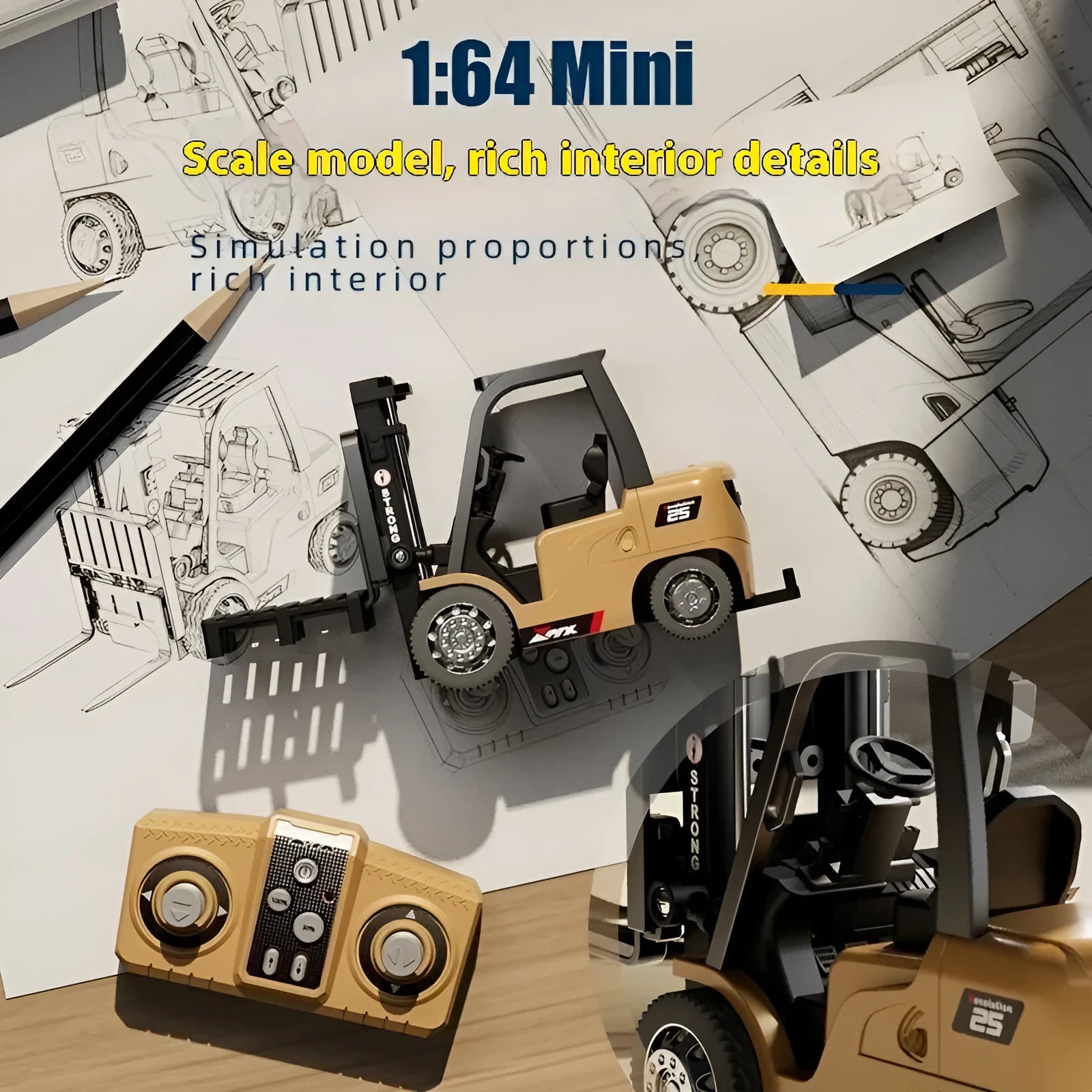 1:64 scale blue alloy remote control forklift toy with cargo hook and pallet on a table.