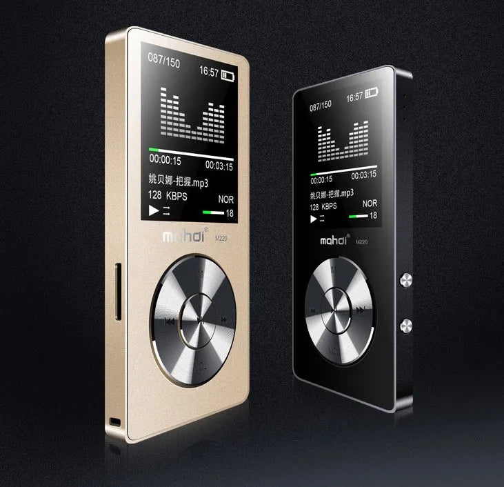 Gold portable MP3 music player with 1.8-inch screen, metal body, and physical control buttons.